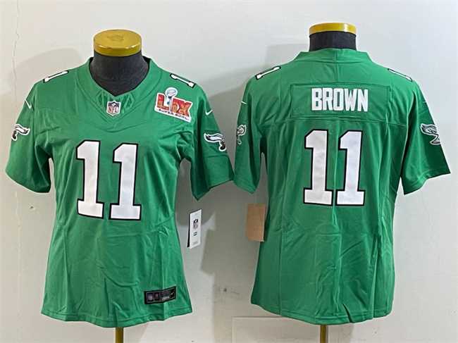 Womens Philadelphia Eagles #11 A. J. Brown Green 2025 Super Bowl LIX Patch F.U.S.E. Throwback Vapor Untouchable Limited Stitched Jersey(Run Small)